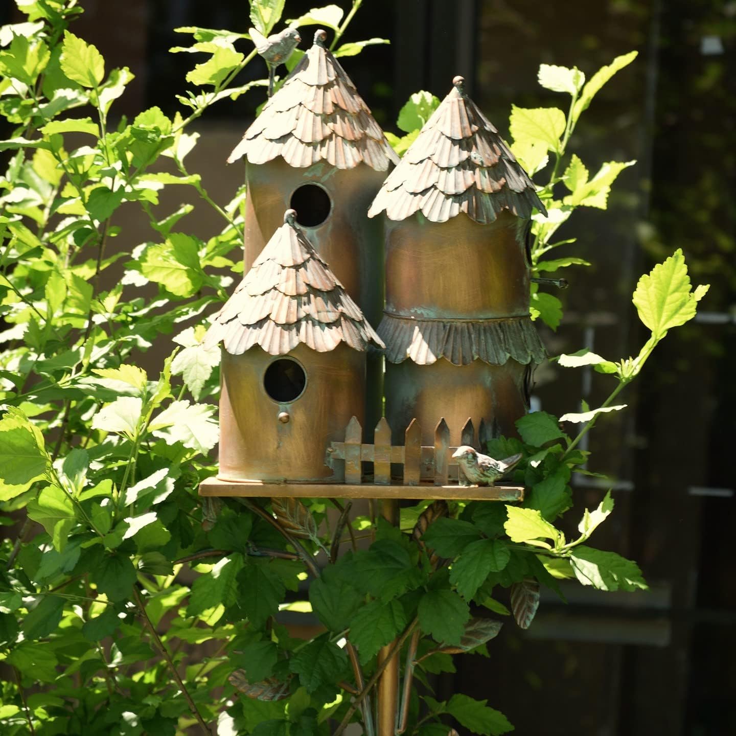 Large Copper Colored Multi-Birdhouse Stakes, Room for 4 Bird Families in Each (Cube Homes with Pyramid Roofs)