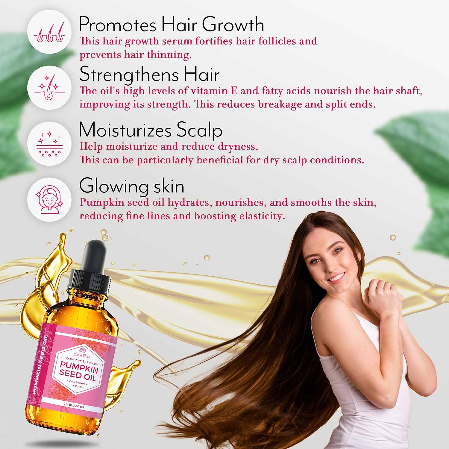 Leven Rose Pumpkin Seed Oil for Hair Growth 2 oz, 100% Pure Pumpkin Seeds Oil for Skin and Nails - Natural Pumpkin Seed Extract for Moisturizing Scalp, Dry and Rough Skin