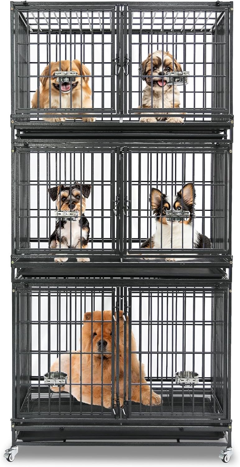 Homey Pet Taller 43" Heavy Duty Double Dog Crates with Divider & Dual Door | Drop Cage for Dogs with Lockable Wheels, Bowls, Removable Tray, Top Access, Ideal for Small to Medium & Large Dogs, Breeders