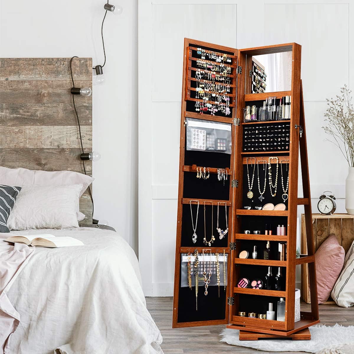 CHARMAID 360° Swivel Jewelry Armoire with Higher Full Length Mirror, Standing Lockable Jewelry Cabinet Organizer with Large Storage Capacity