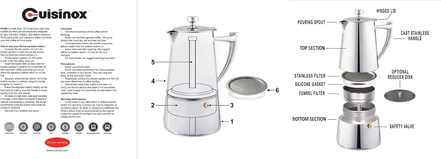 Cuisinox Roma Stovetop Espresso Maker COF-6R, Stainless Steel Coffee Percolator Stovetop, Heat-Resistant & Non-Reactive, 6-Cup Italian Espresso Maker Easy to Clean, Durable Stove Top Percolator