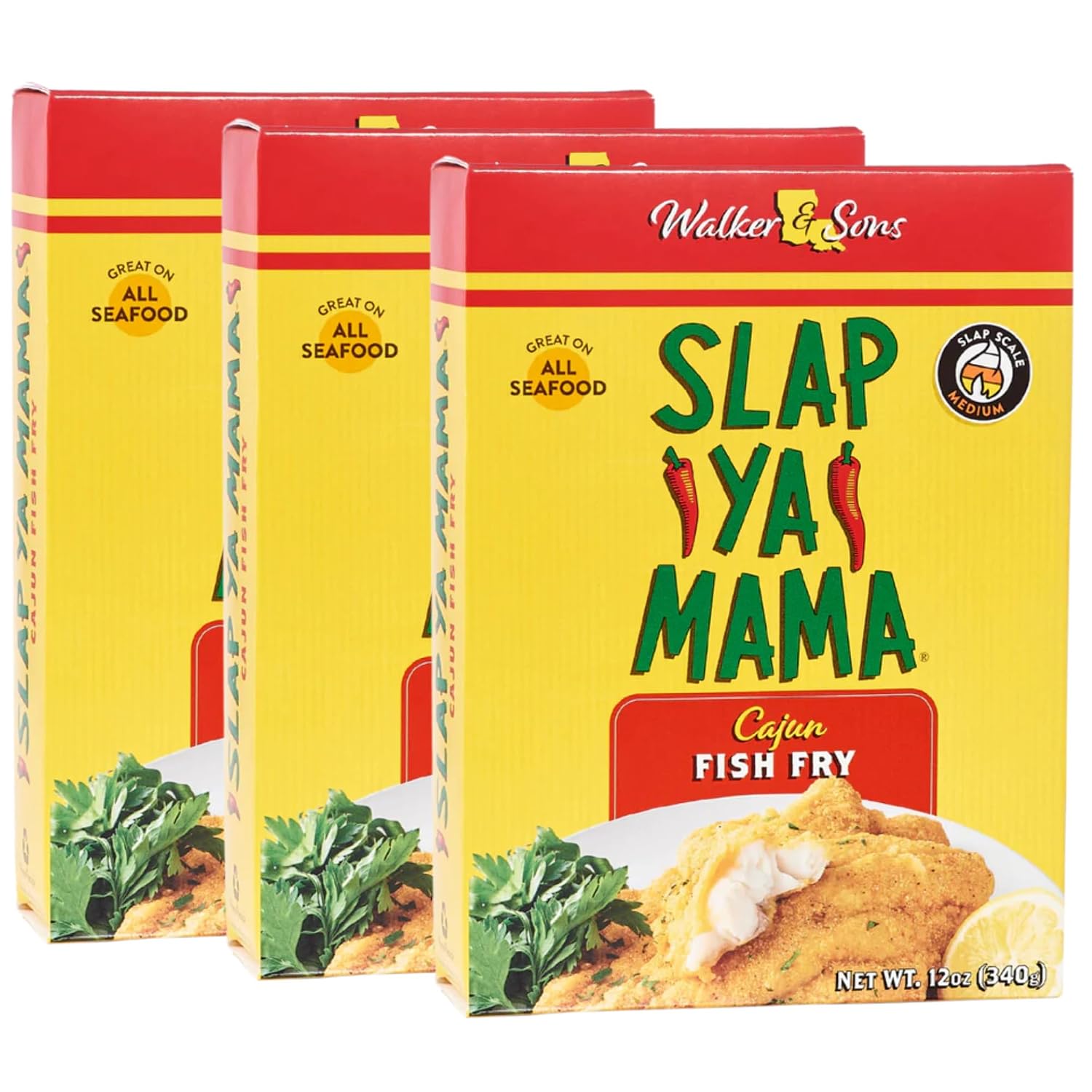 Slap Ya Mama Louisiana Style Cajun Fish Fry, No MSG and Kosher, 12 Ounce Box, Pack of 3 | Three 12 oz boxes of Cajun fish-fry breading for fish