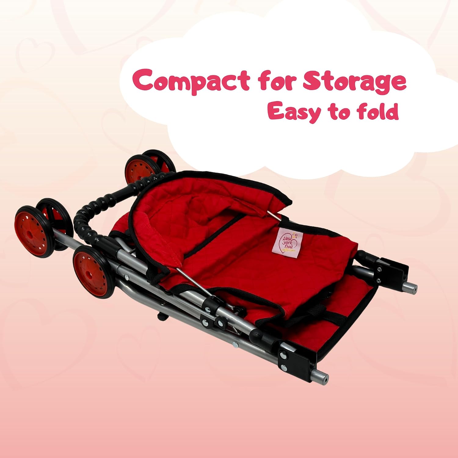 The New York Doll Collection My First Doll Stroller with Basket & Heart Design Foldable Doll Stroller, Pink