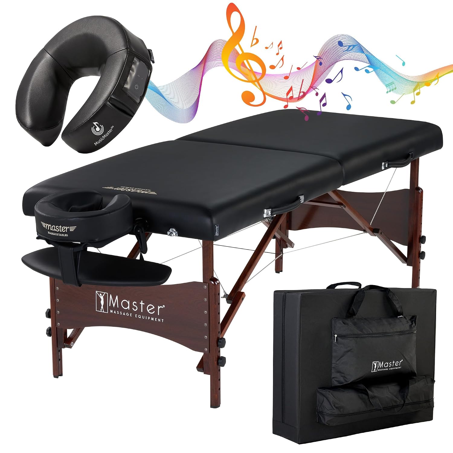 Master Massage Newport Portable Massage Table Package with Denser 2.5" Cushion, Walnut Stained Hardwood, Steel Support Cables, Pillows & Accessories, Black, 30"