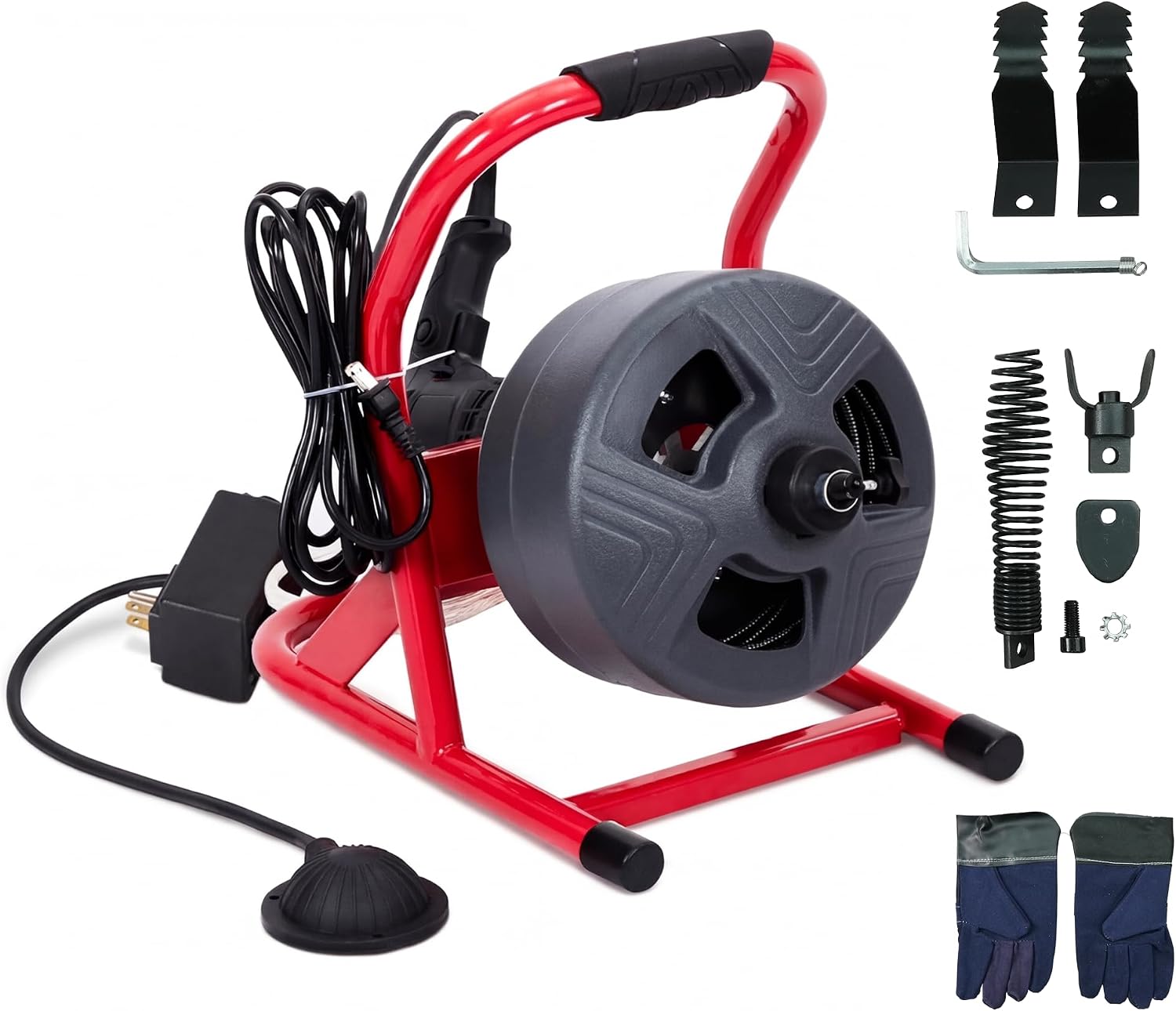 HoldwellS 50FT x 5/16 Inch Drain Cleaner Machine, Electric Drain Auger for 3/4"-3" Pipes, Sewer Snake Auger with 4 Cutters & Pneumatic Foot Switch