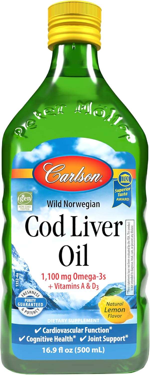 Carlson Cod Liver Oil, 1100 mg, Omega-3s, Lemon, 500 mL (16.9 Fl Oz) | plus Vitamins A and D3; Wild Caught Norwegian Arctic Cod Liver Oil; Sustainably Sourced Nordic Fish Oil Liquid