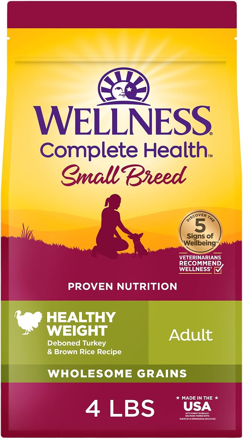Wellness Complete Health Small Breed Adult Dry Dog Food, Wholesome Grain Kibble, Natural, Turkey and Oatmeal Recipe, 4 lb Bag