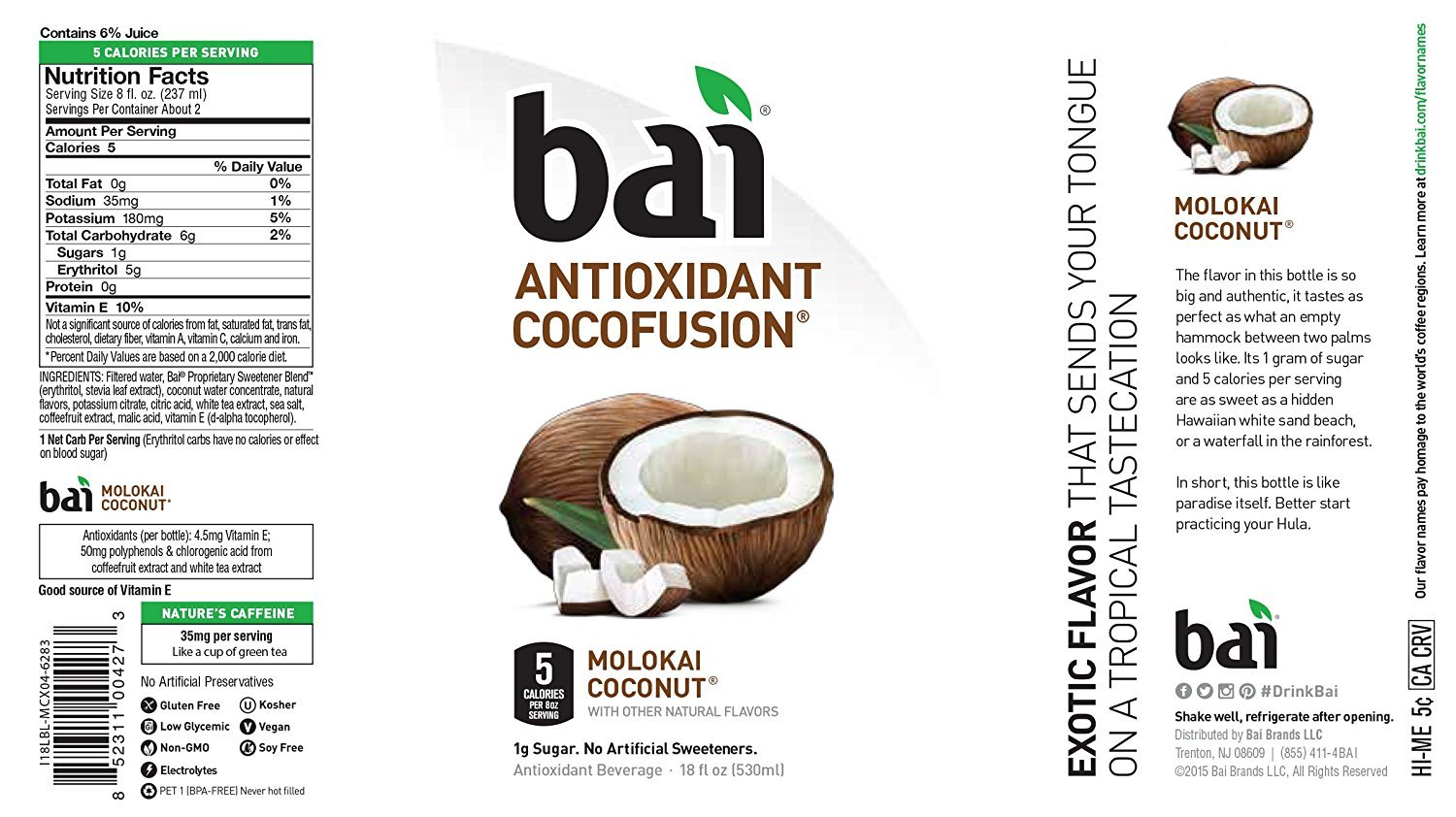 Bai Cocofusions Molokai Coconut, Antioxidant Infused Beverage, 18 Fl. Oz. Bottles (Pack of 6)