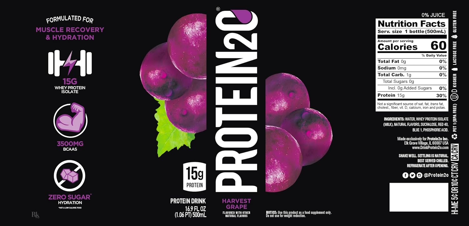 Protein2o 15g Whey Protein Isolate Infused Water, Ready To Drink, Sugar Free, Gluten Free, Lactose Free, Harvest Grape, 16.9 oz Bottle (Pack of 12)