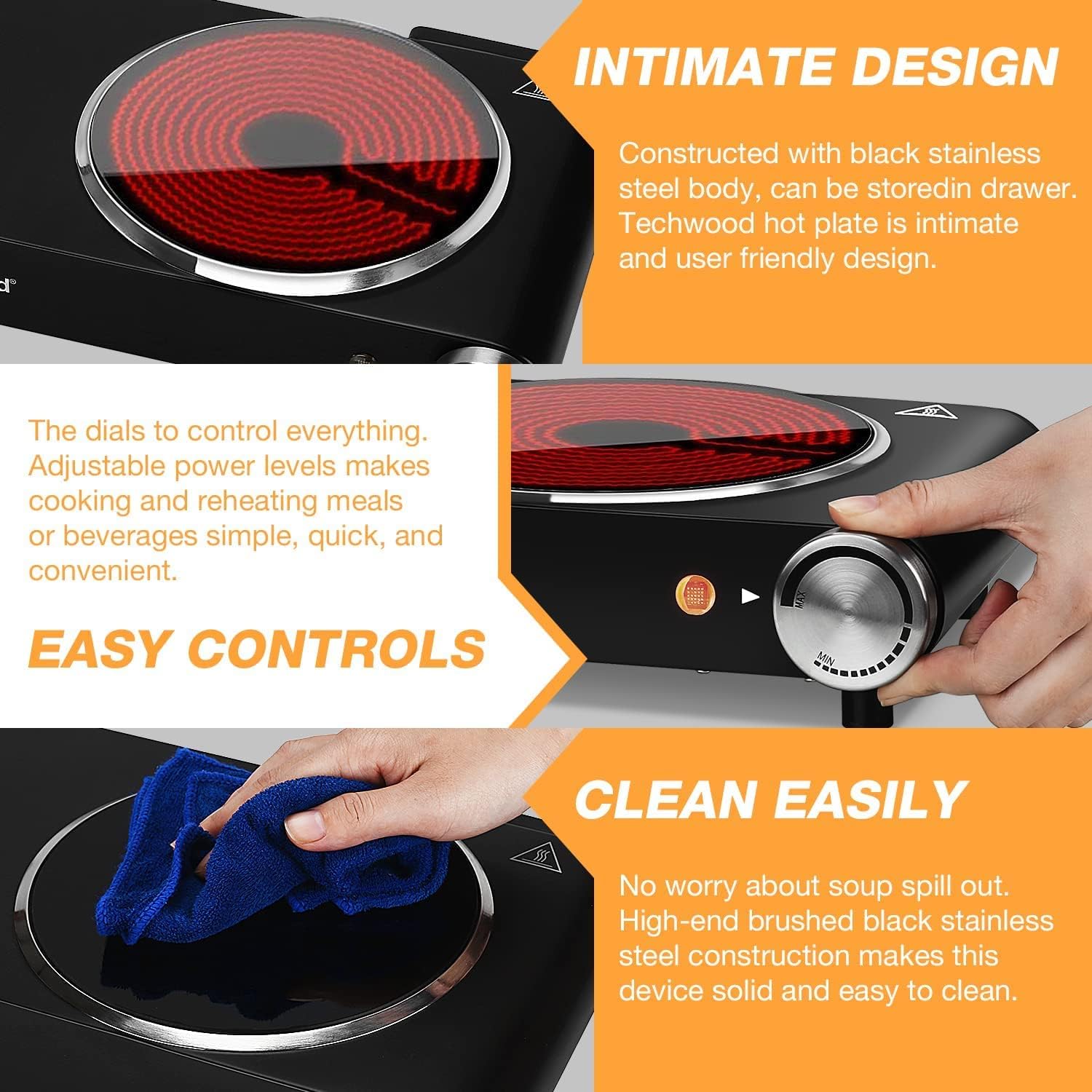 Hot Plate, Techwood Electric Stove for Cooking, 1500W Countertop Single Burner with Adjustable Temperature and Handles