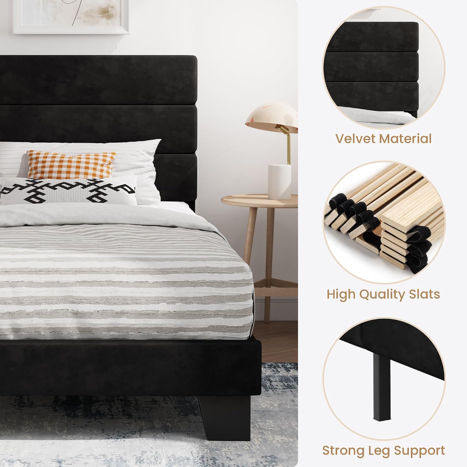 SHA CERLIN Full Platform Bed Frame with Upholstered Fabric Headboard, Grey