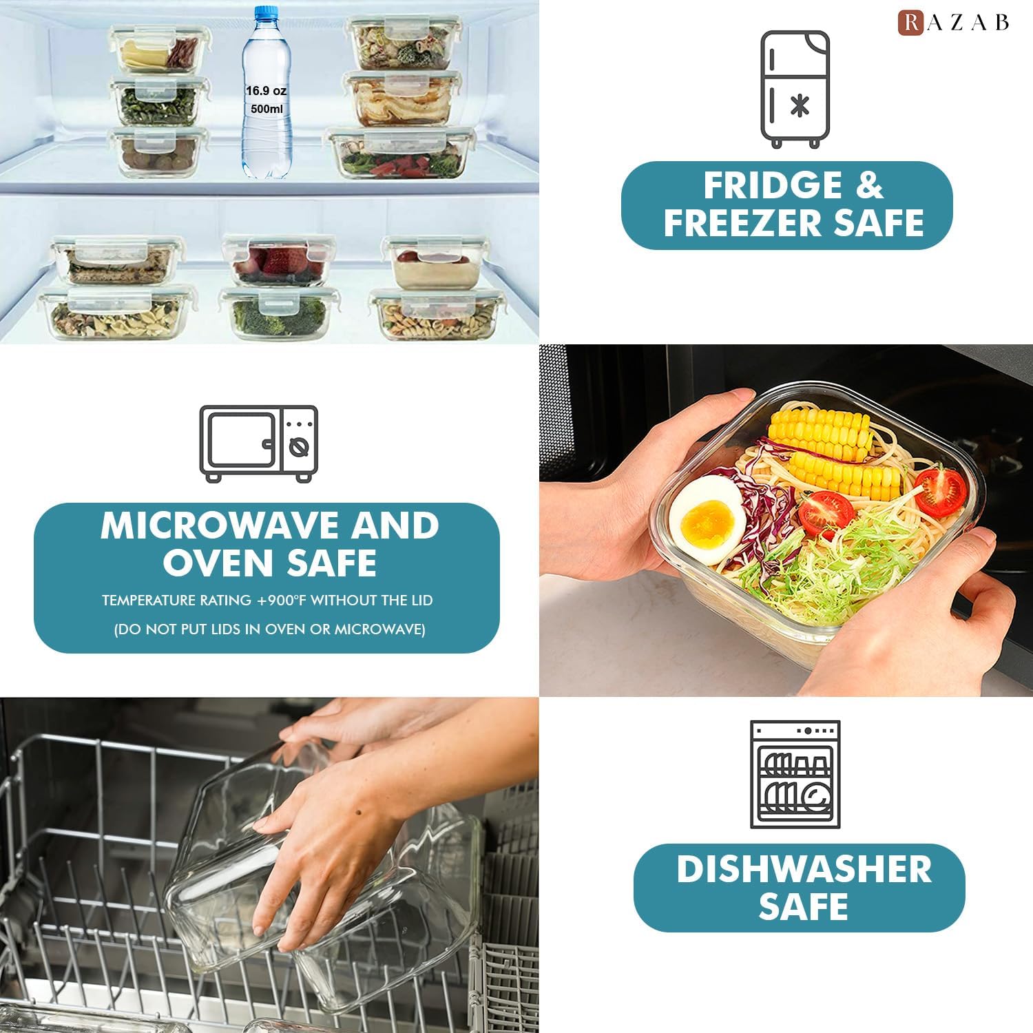 Razab 24 Pc Airtight Glass Food Storage Containers - Glass Meal Prep Containers - Freezer to Oven Safe - Steam Release Valve BPA Free - Airtight