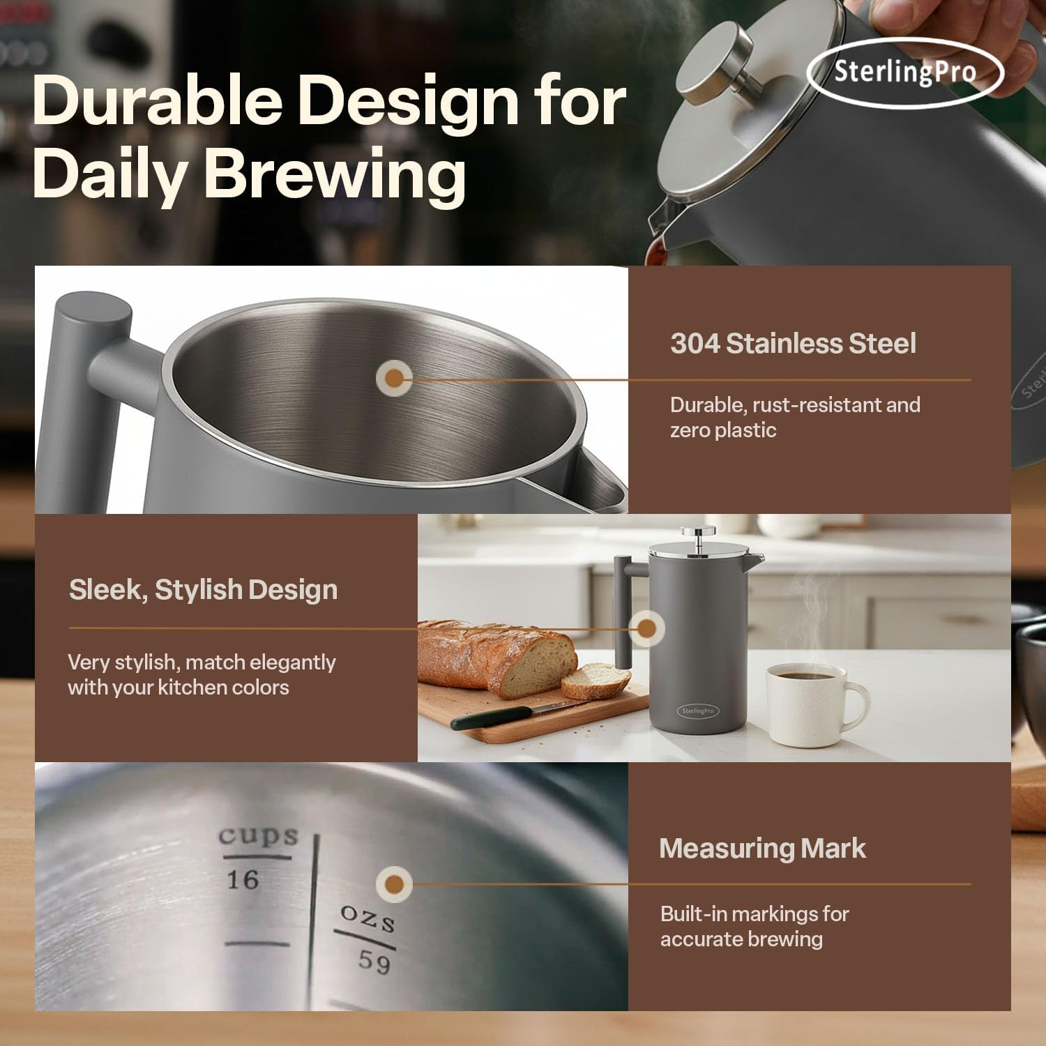 SterlingPro Large Insulated Stainless Steel French Press Coffee Maker 51oz Capacity (44 oz Brew Yield) – Double Wall Metal Coffee Press | Plastic Free | Cool-Touch | Mirror Finish | 12 Cups / 6 Mugs