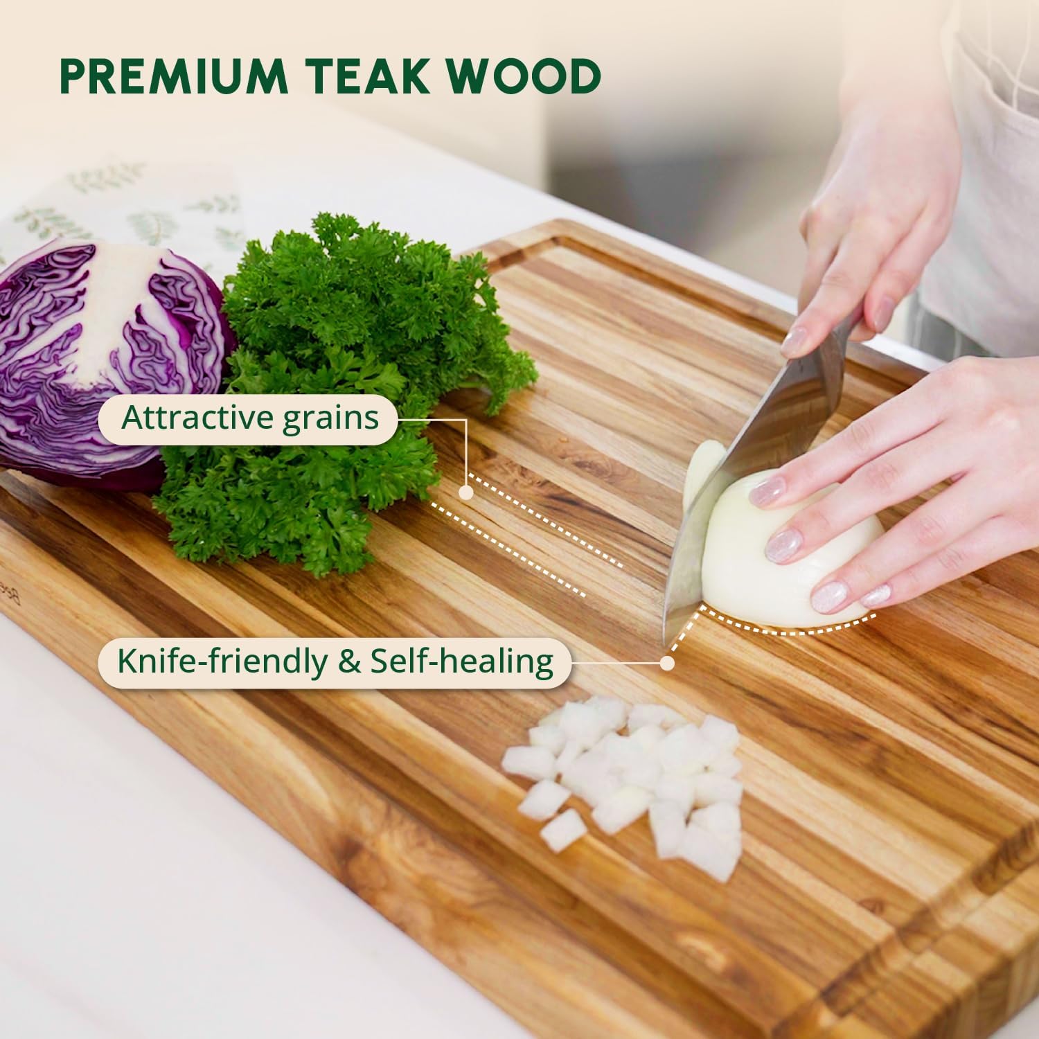 BEEFURNI Teak Wood Cutting Board with Hand Grip (20x15x1.25", M)
