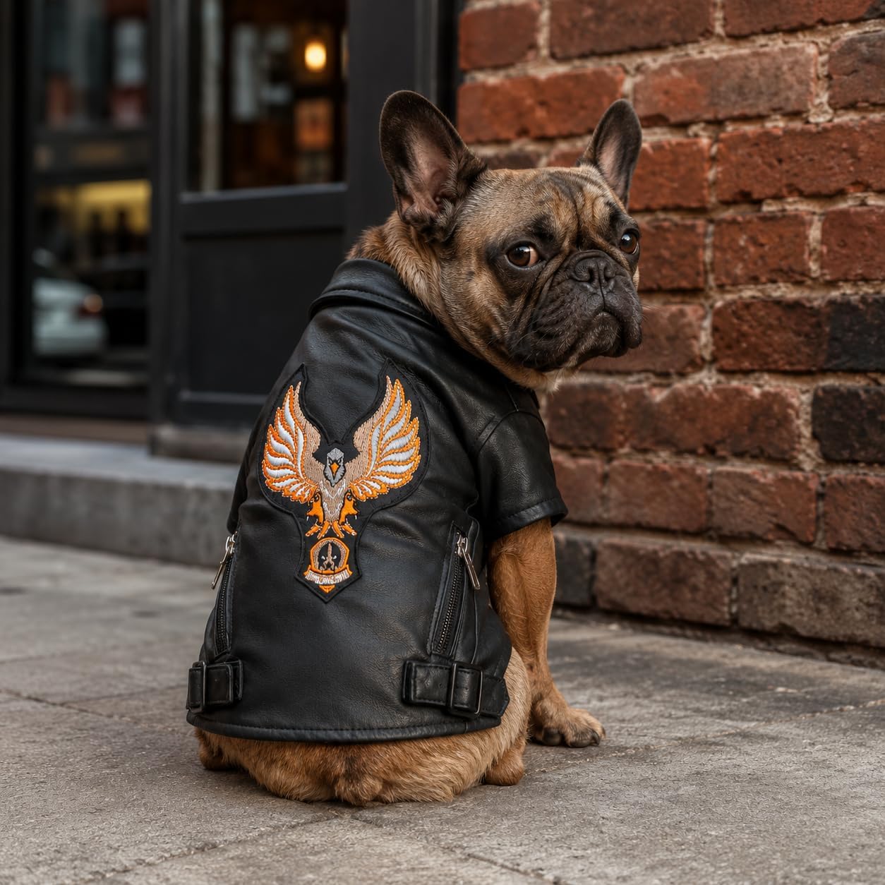 Lovelonglong Cool Dog Leather Jacket, Warm Coats Dogs Windproof Cold Weather Coats for Large Medium Small Dogs with Eagle Embroidery Black XS