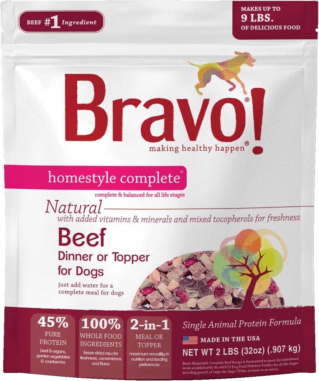Bravo! Homestyle Complete Freeze Dried Raw Dog Food, Beef, 2 Pounds | Whole Food Ingredients, Rehydrate with Water for Up To 9 Pounds of Food, Use as Meal or Food Topper, Grain Free, Gluten Free