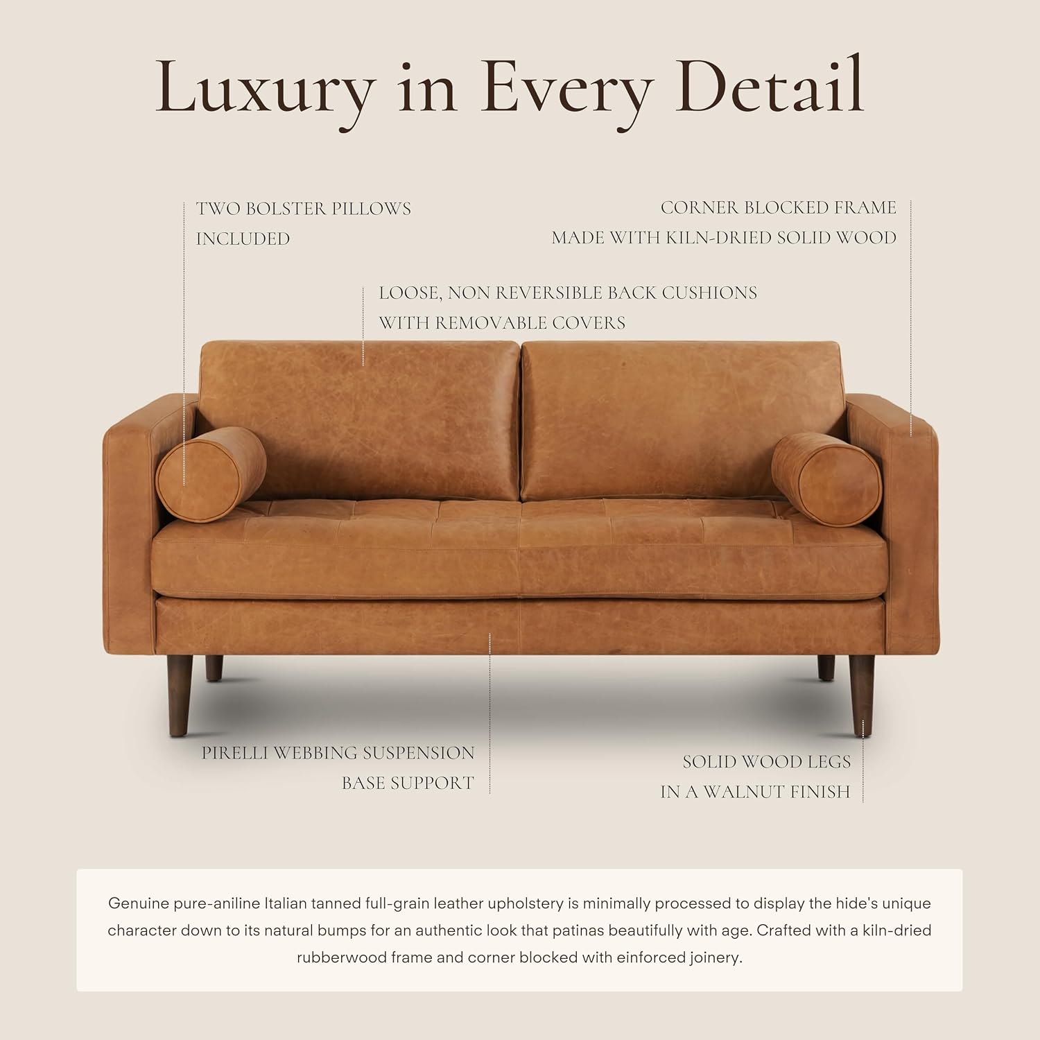 Poly & BARK 55" Tufted Leather Bed Bench for Bedroom End of Bed - Living Room Entry Way Bench - Pure Italian Leather Upholstery with a Solid Wood Frame - Ottoman Bench with Wooden Legs - Cognac Tan