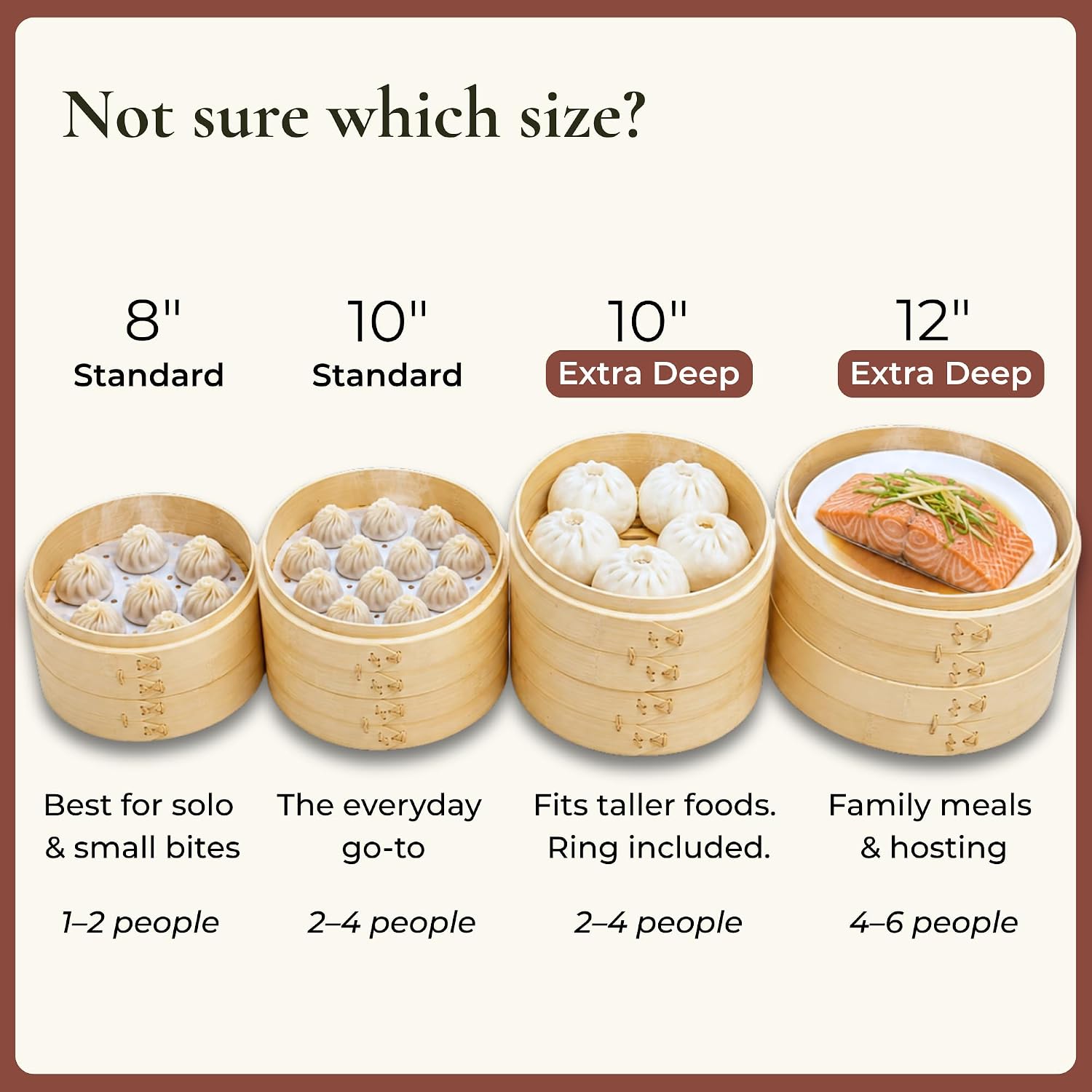 HAPPI STUDIO Bamboo Steamer Basket 10 Inch, Extra Deep Dumpling Steamer Set