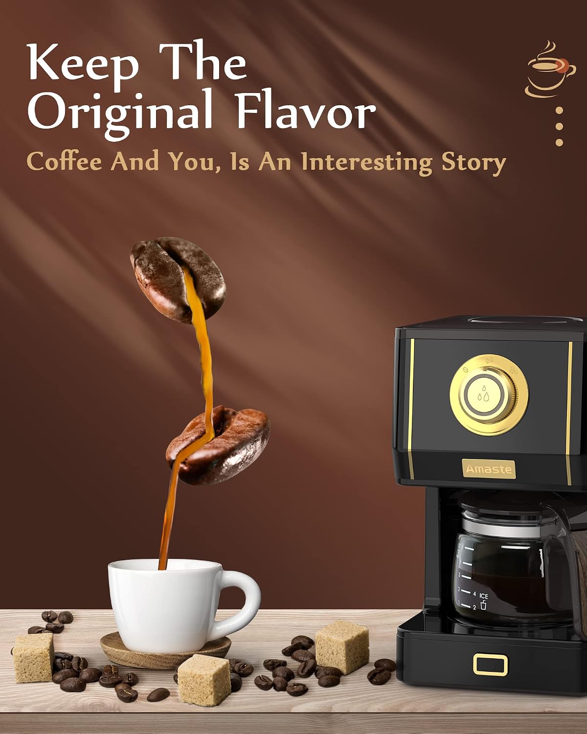 Amaste Drip Coffee Maker, Coffee Machine with 25 Oz Glass Coffee Pot, Retro Style Coffee Maker with Reusable Filter & Three Brewing Modes