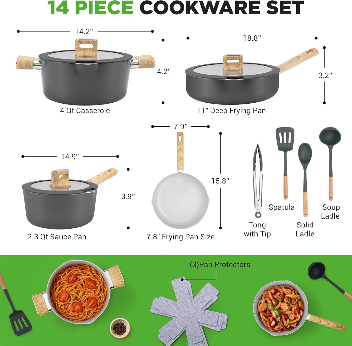 NutriChef Professional 12-Piece Nonstick Cookware - PFOA/PFOS-Free, Heat Resistant Lacquer, Elegant Design, Multi-Sized Pots and Pans, Teal/Gray/Green