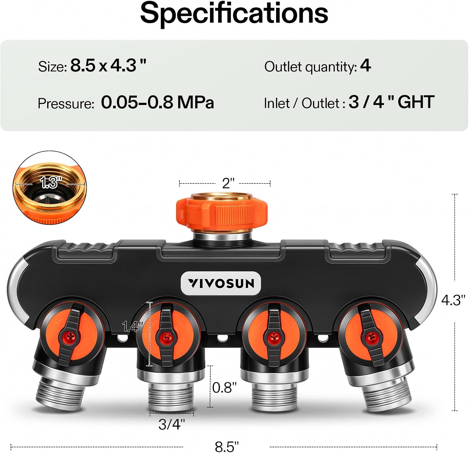 VIVOSUN Garden Hose Splitter 4 Way, Heavy Duty Water Hose Connector 3/4", Water Hose Manifold