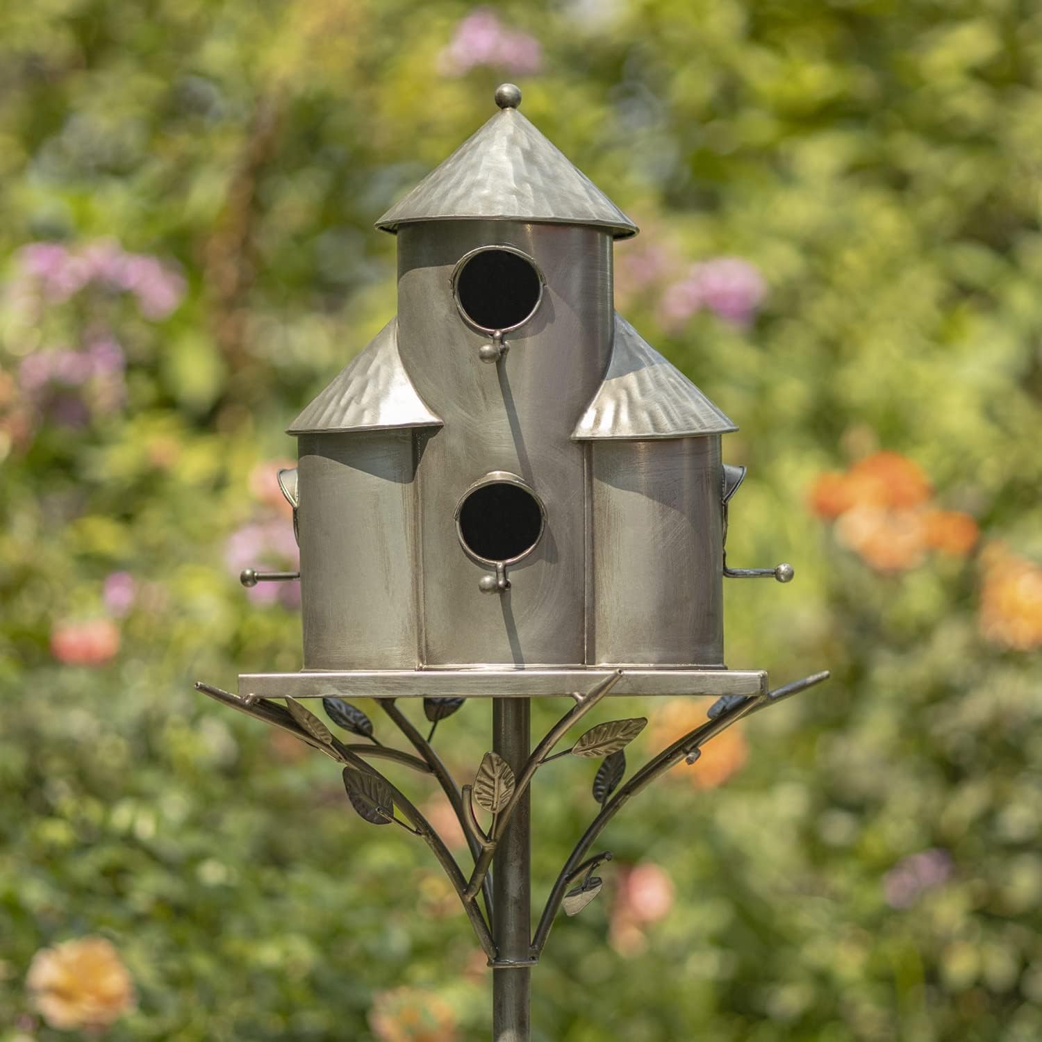 Large Copper Colored Multi-Birdhouse Stakes, Room for 4 Bird Families in Each (Cube Homes with Pyramid Roofs)
