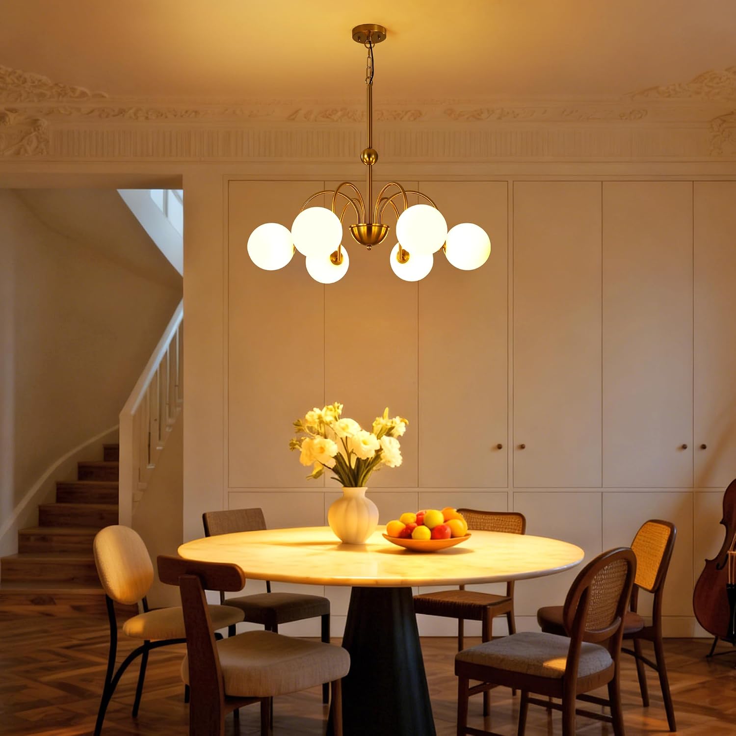 Vintage Brushed Gold Chandeliers for Dining Room Light Fixture, 6-Light Mid Century Milk Glass Globe Chandelier