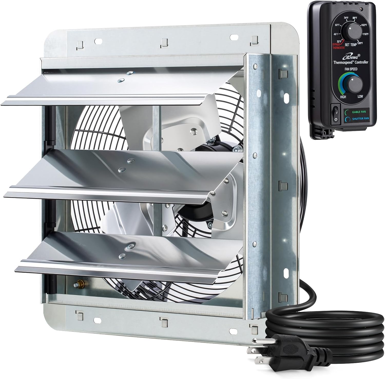 iLIVING 12" Wall Mounted Shutter Exhaust Fan, Automatic Shutter, with Thermostat and Variable Speed controller, 0.6A, 960 CFM