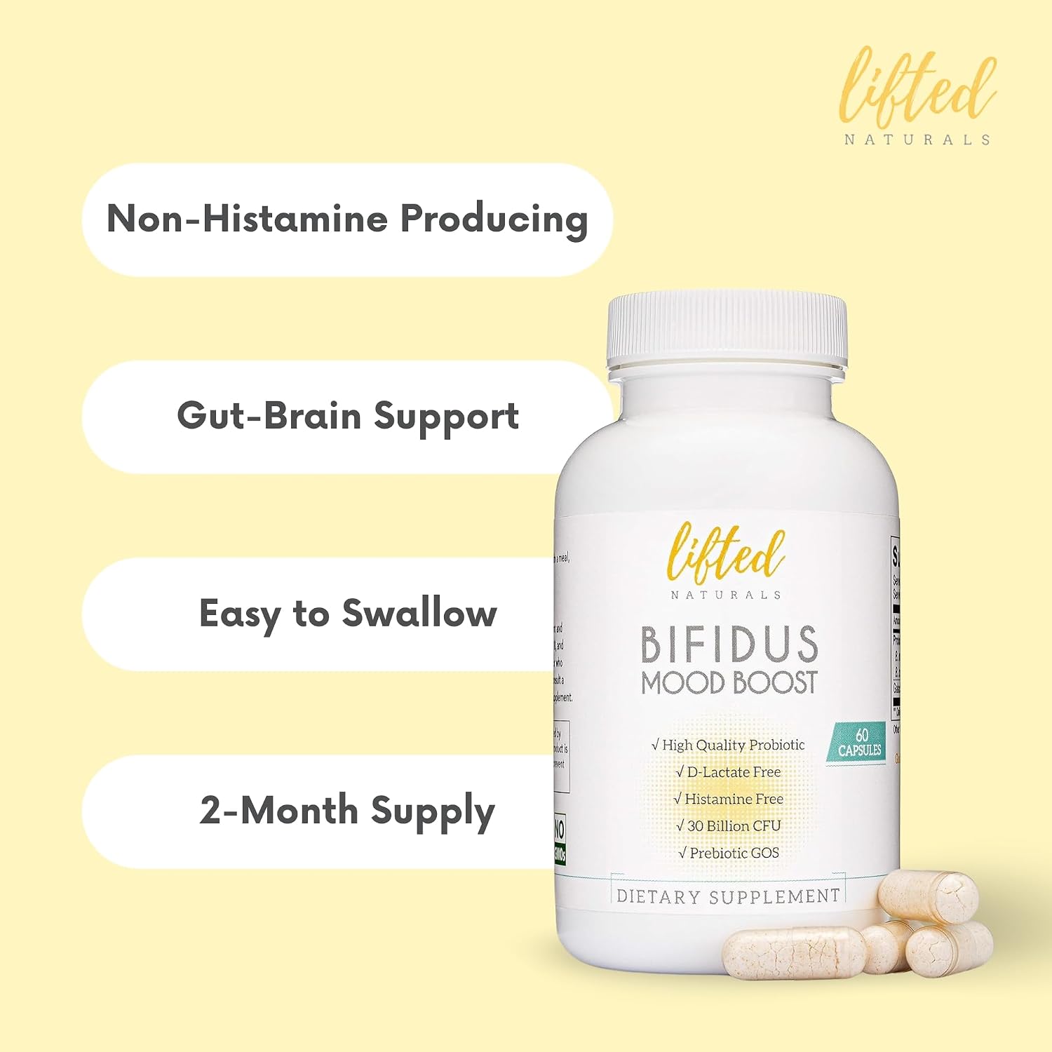 Probiotics 30 Billion CFU - Bifidus Mood Support Supplement w/prebiotics & probiotics for Women and Men - Mood & Digestion Support- Histamine Free