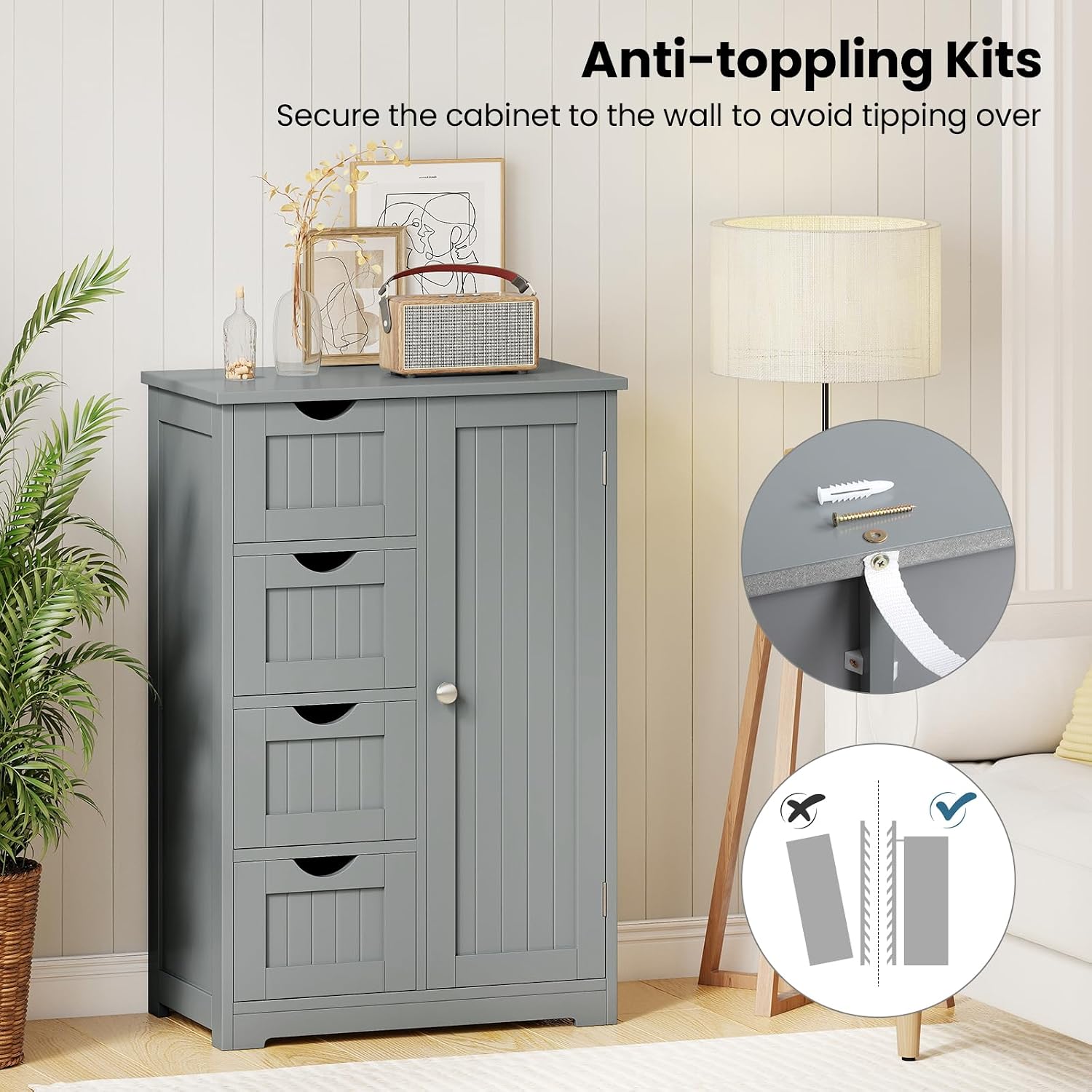 Giantex Storage Cabinet with 4 Drawers, Bathroom Storage Organizer with Cupboard, Adjustable Shelf, Anti-Toppling Device, Floor Cabinet, Entryway Storage Unit Console Table, White