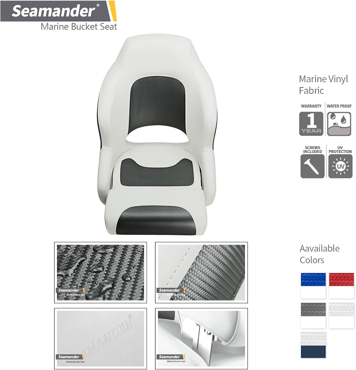 Seamander Boat Captains Chair,Captain Bucket Seat with Flip Up Bolster,Integral Rotomolded Frame, Premium EPDM Foam Material, Marine Grade Vinyl (A-White/Charcoal)
