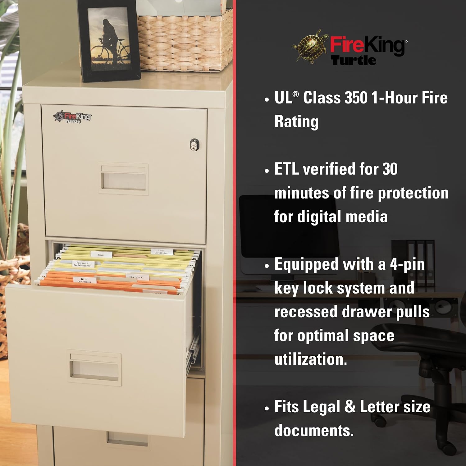 FireKing Turtle Vertical 2 Drawer Fire Rated File Cabinet, Black | 1 Hour Fire Rated Filing Cabinet - UL Class 350 - Water Resistant - Key Lock - Made in USA