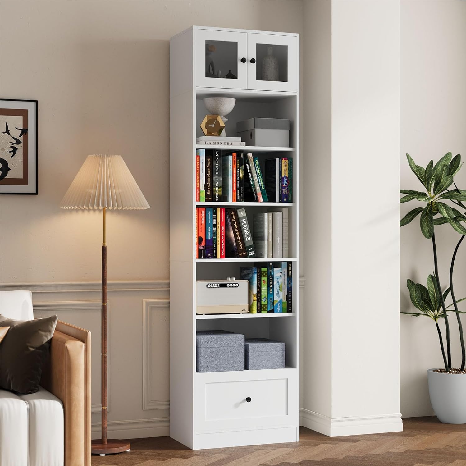 TUSY 85.5 Inch Tall Bookshelf with Doors - 7 Tier Bookcase with Glass Doors and Drawer, 23.6" Wide Storage Cabinet with Open Shelves for Living Room, White Book Shelf for Home Office, Study (AAAA)