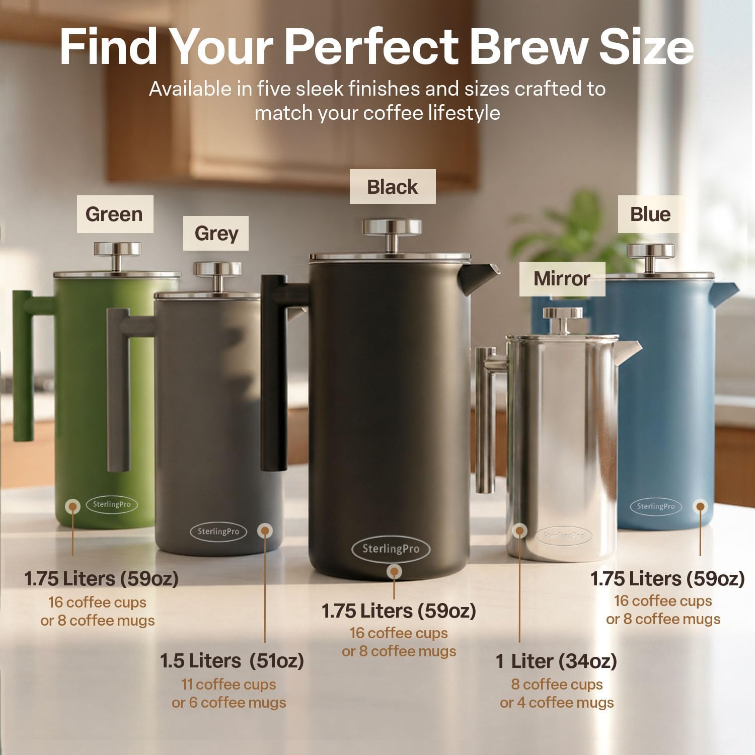 SterlingPro Large Insulated Stainless Steel French Press Coffee Maker 51oz Capacity (44 oz Brew Yield) – Double Wall Metal Coffee Press | Plastic Free | Cool-Touch | Mirror Finish | 12 Cups / 6 Mugs