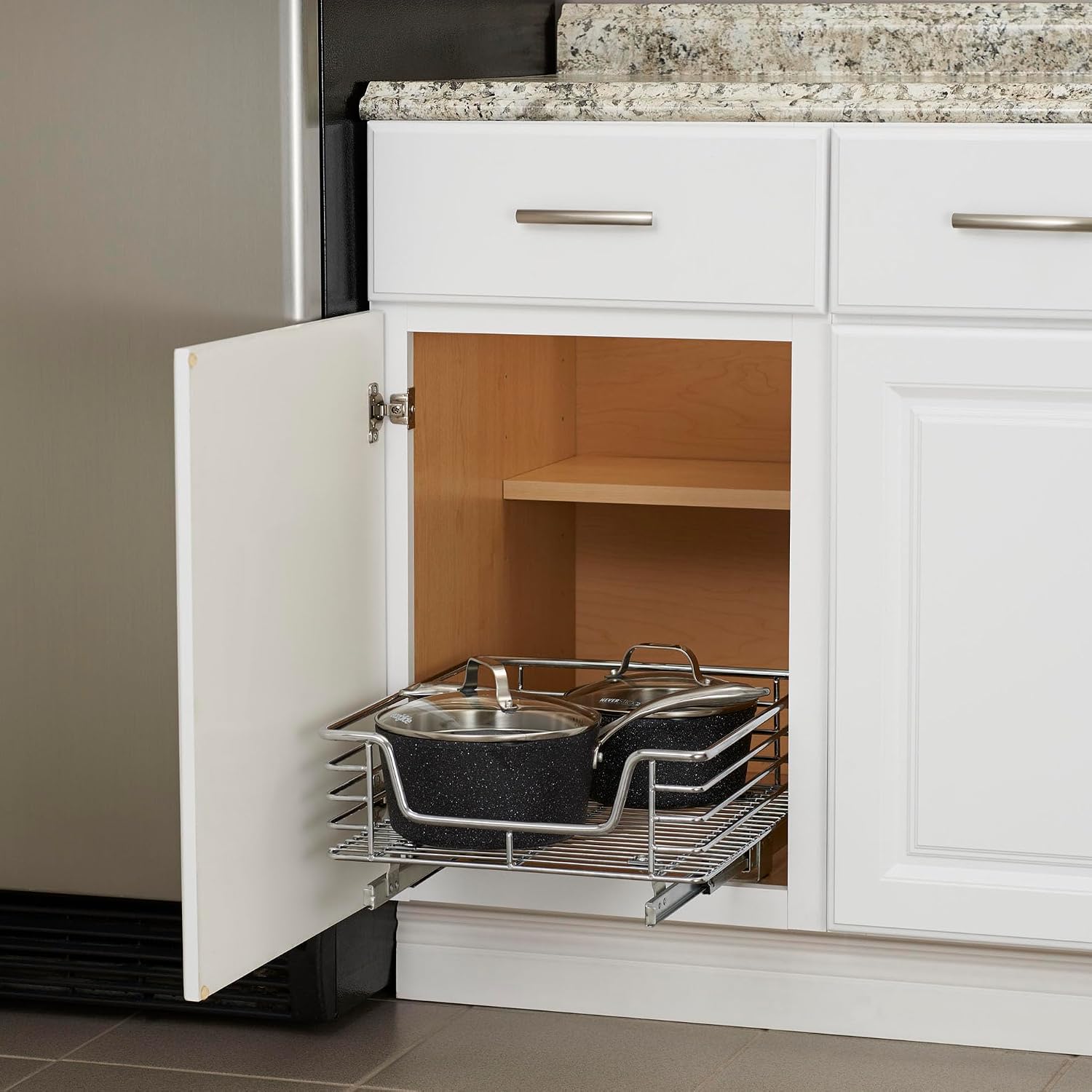 Household Essentials Glidez 2‑Tier Multipurpose Chrome‑Plated Steel Pull‑Out/Slide‑Out Under Cabinet Organizer, Chrome Finish
