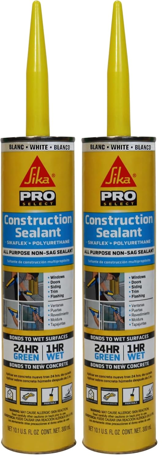 SIKA Sikaflex Construction Sealant - White, All-Purpose Polyurethane for Joints 1/2" or Smaller - 10.1 fl. oz - Weatherproof, High Elasticity, Paintable, Strong Adhesion