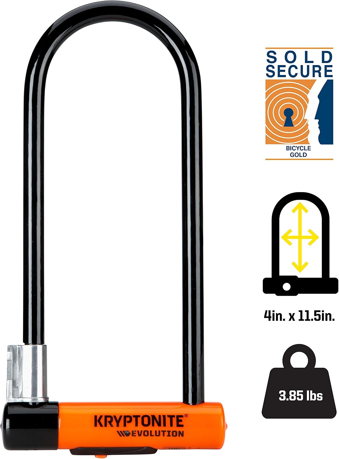 Kryptonite Evolution Long Shackle Bike U-Lock, 14mm Steel Bicycle Lock | Heavy duty anti-theft security for bikes and scooters. 4in x 11.5in interior. Includes FlexFrame-U mounting bracket and keys.