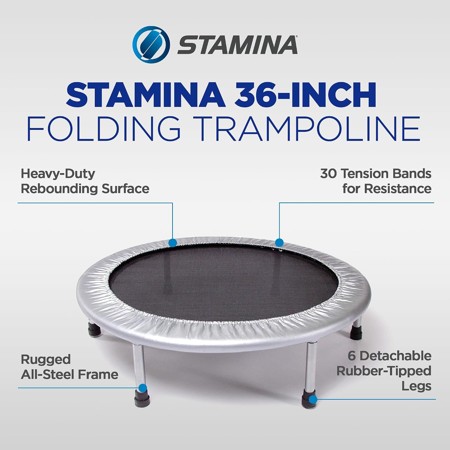 Stamina 36" Foldable Mini Trampoline Rebounder for Adults with Smart Workout App, Black - Portable Fitness Equipment for Home Gym, Cardio and Jumping Training Exercise