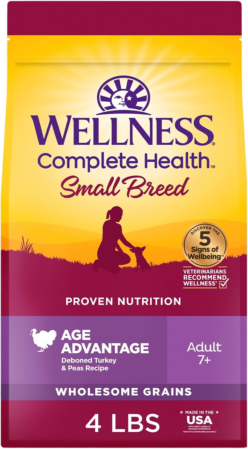 Wellness Complete Health Small Breed Adult Dry Dog Food, Wholesome Grain Kibble, Natural, Turkey and Oatmeal Recipe, 4 lb Bag
