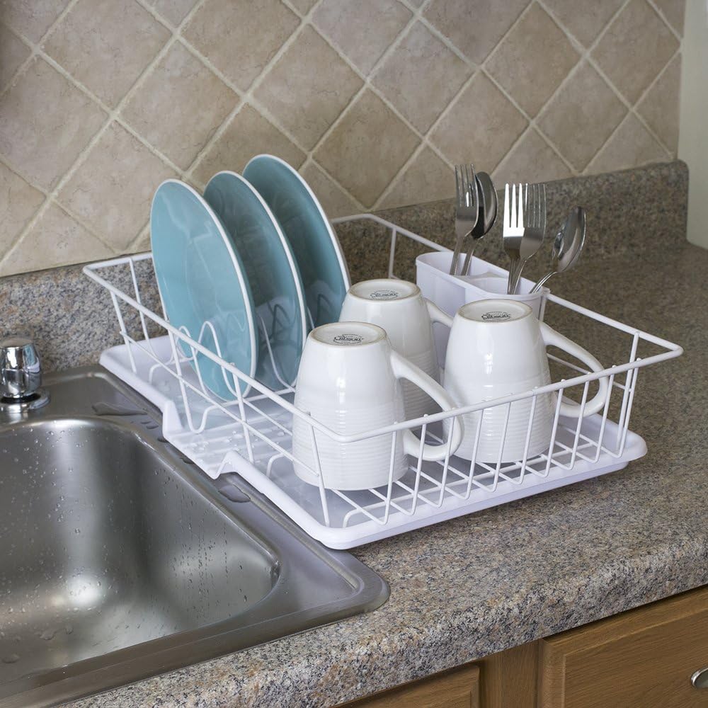 Home Basics 3 Piece Vinyl Coated Steel Dish Drainer, White