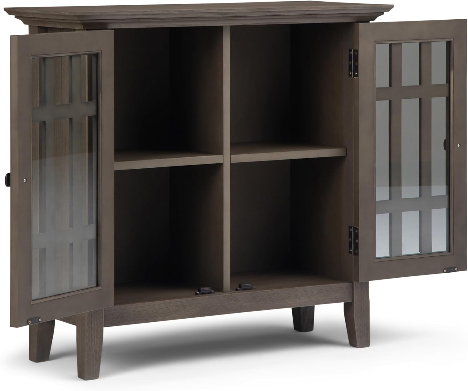 SIMPLIHOME Bedford 62" Wide Solid Wood Sideboard in Brunette Brown | Transitional low media console with glass doors and storage shelves for the living room, entryway or dining room.