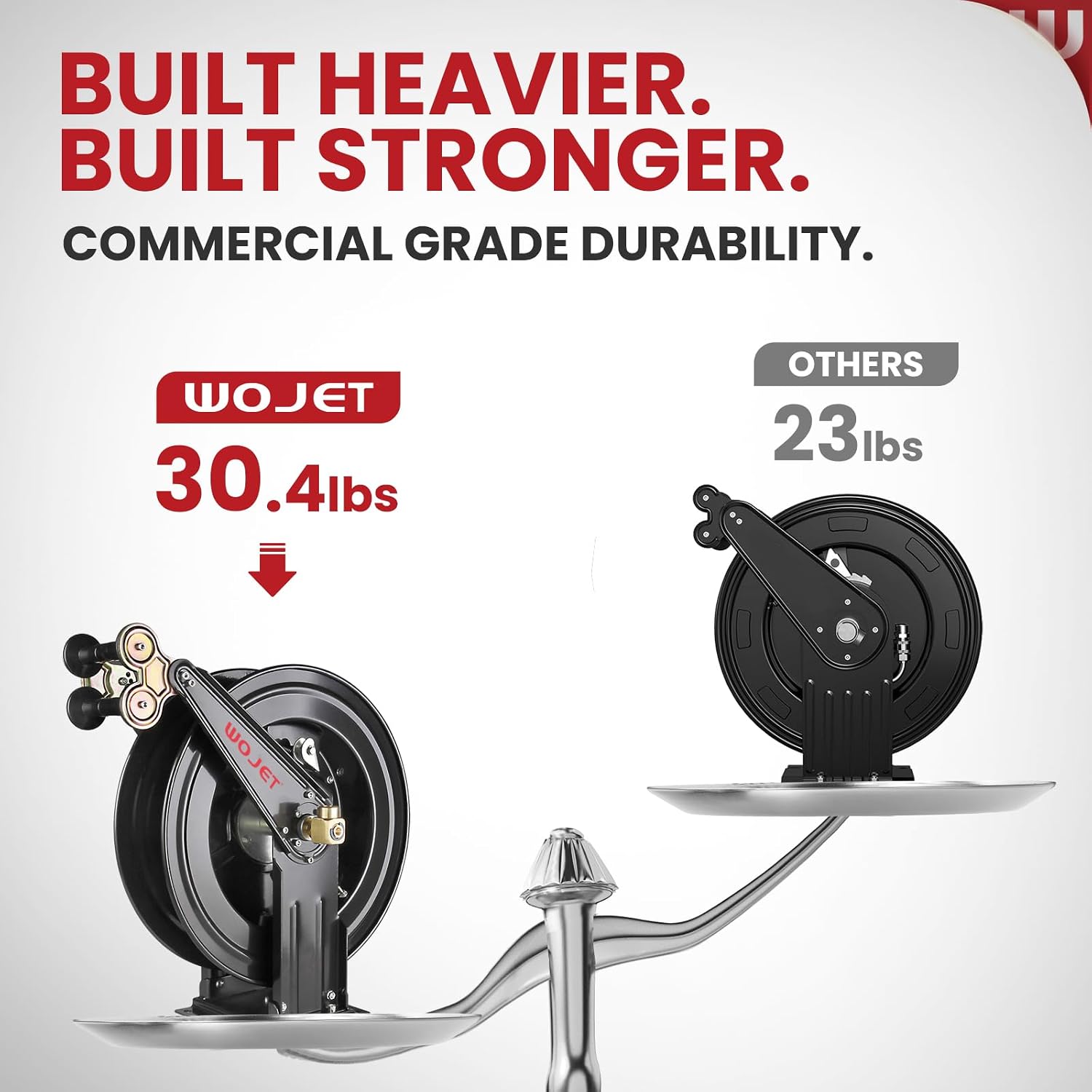 WOJET Pressure Washer Hose Reel 50 ft x 3/8 in, Retractable Hose Reel for Water/Air/Oil, Heavy Duty Hose Reel in Steel