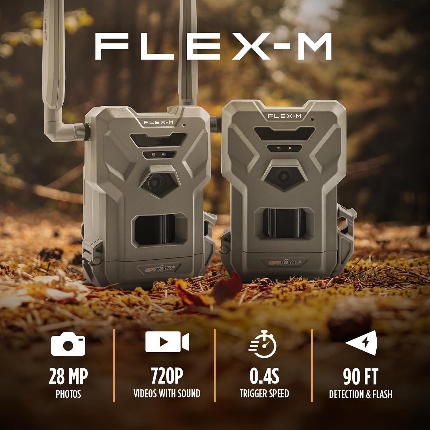 SPYPOINT Flex-M Twin Pack Cellular Trail Cameras - Best Hunting Accessories, No WiFi Needed, GPS, Night Vision, Dual-Sim LTE, IP65 Water-Resistant Game Camera, 28MP Photos, 720p Videos + Sound (2) | IP65 Water-Resistant Game, 720p Videos + Sound, 28MP Ph…