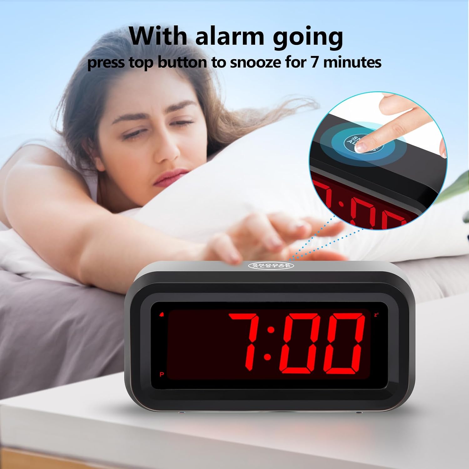 Digital Alarm Clock Battery Operated with LED Display for Bedrooms, Long Battery Life for 12 Months, 3 Brightness Adjustable, 12/24 Hour, Snooze, Black Case with Red Digits