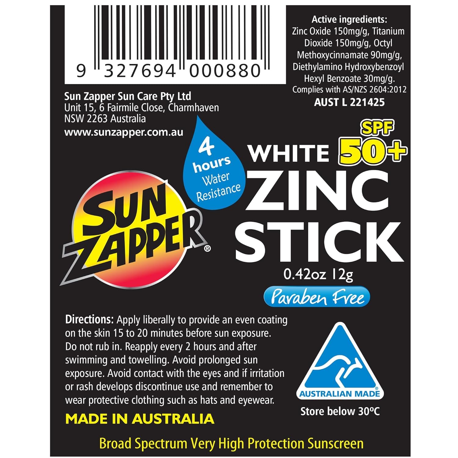 Sun Zapper Zinc Oxide Sunscreen Stick SPF 50+ Light Skin Tone – Mineral Sunscreen for Face and Body, Water Resistant Sunblock for Sensitive Skin,Travel Size 12g (0.42 oz), Australian Made