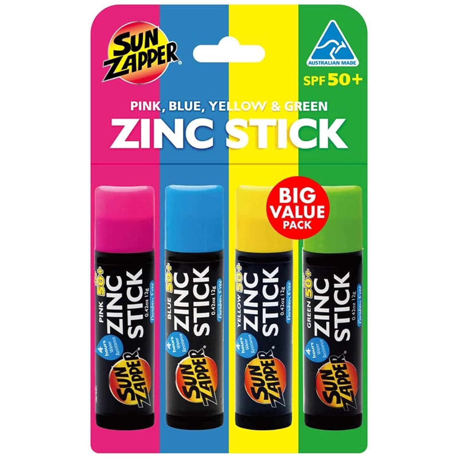 Sun Zapper Zinc Oxide Mineral Sunscreen Stick – SPF 50+ Water Resistant – 4-Pack (Pink, Blue, Green