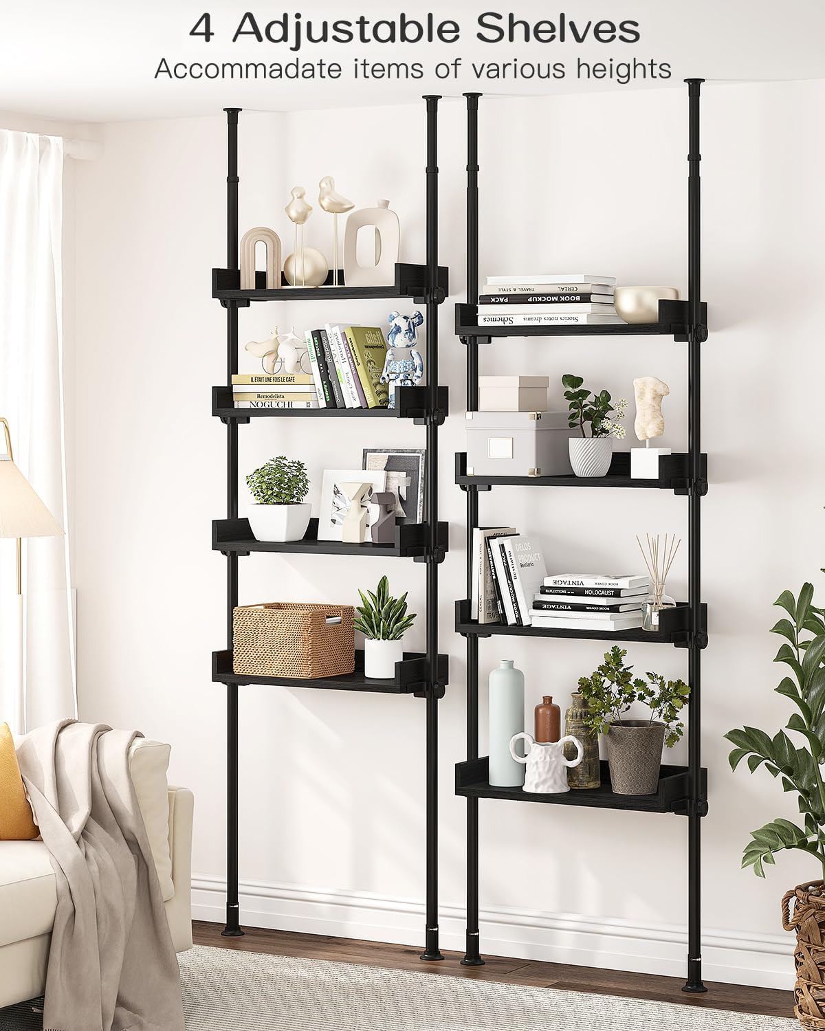 ALLZONE Bathroom Organizer, Over The Toilet Storage, 4-Tier Adjustable Wood Shelves for Small Rooms, Saver Space Rack, 92 to 116 Inch Tall