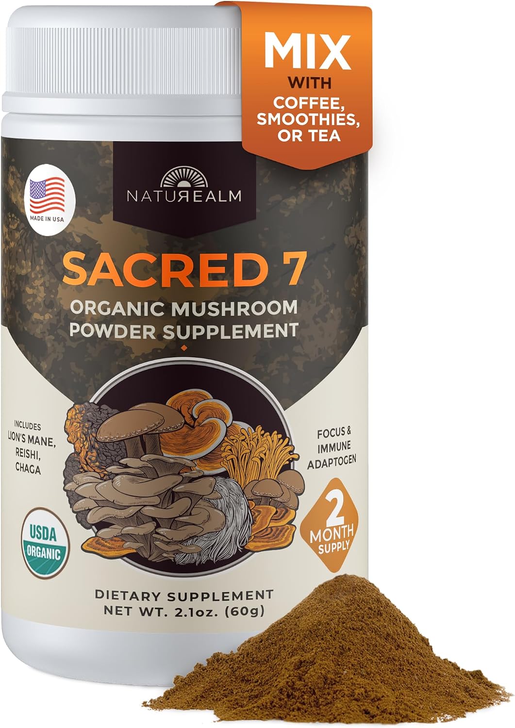 Sacred 7 Brain Mushroom Powder, Organic 7-in-1 Blend 226 Servings | Seven fruiting body extracts, lions mane cordyceps reishi, stirs into coffee or smoothies, 1000 mg scoop