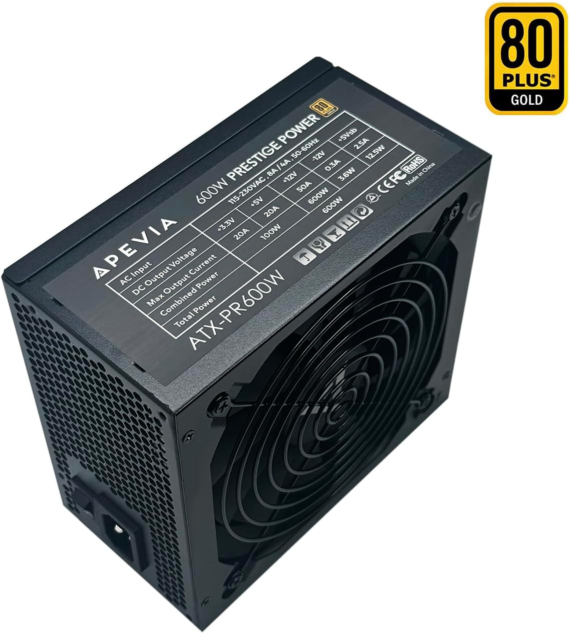 Apevia ATX-PR600W Prestige 600W 80+ Gold Certified, RoHS Compliance, Active PFC ATX Gaming Power Supply | 80+ Gold Efficiency, 135mm Auto Thermal Controlled Fan, Heavy Duty Protections, RoHS Compliance, DC to DC Converter Design