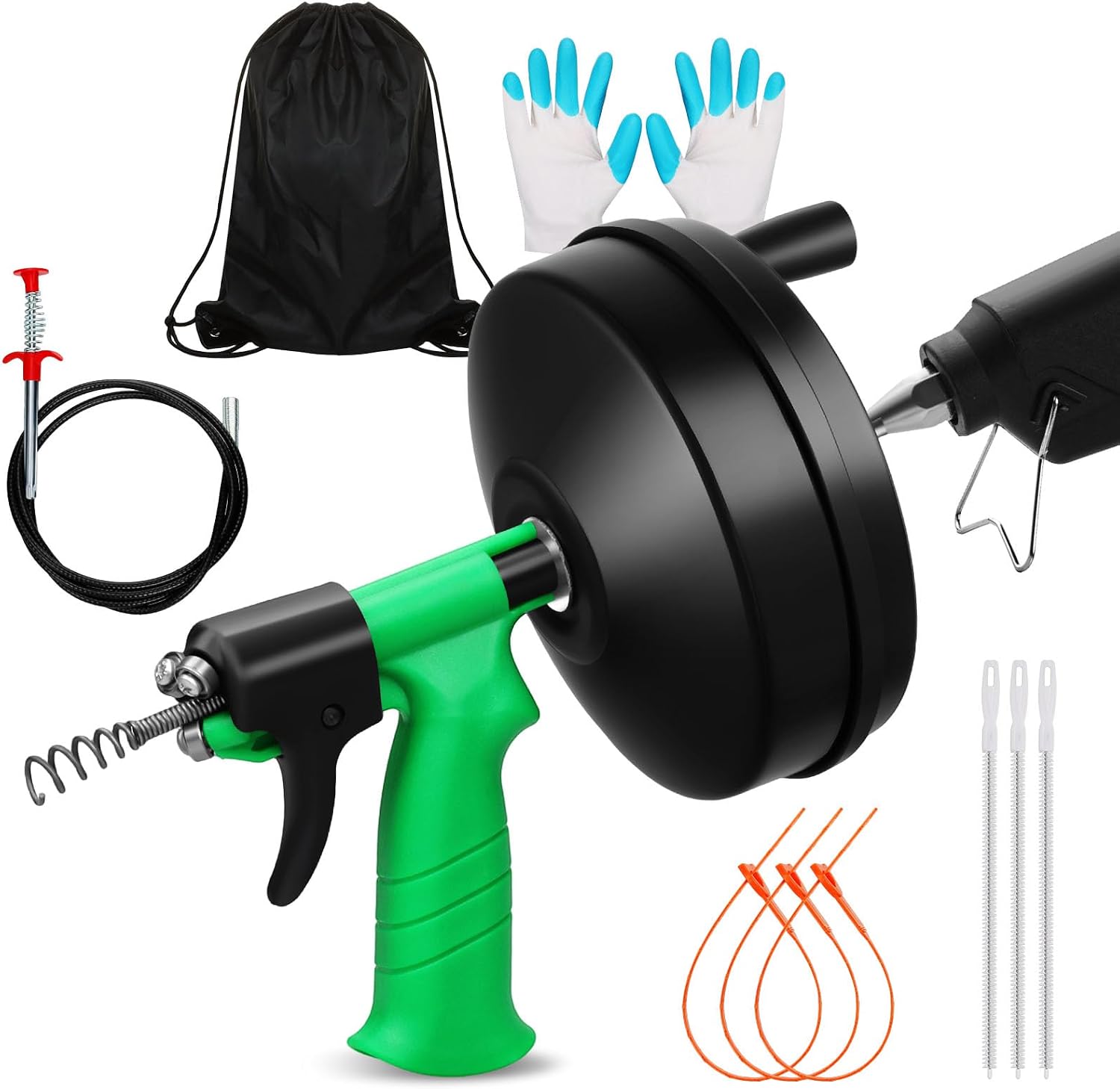 50 Ft Drain Snake, Fast Unclog Snake, 1/4 Inch, Green | Manual & Electric Plumbing Snaker for Shower Sink, Toilet and Kitchen